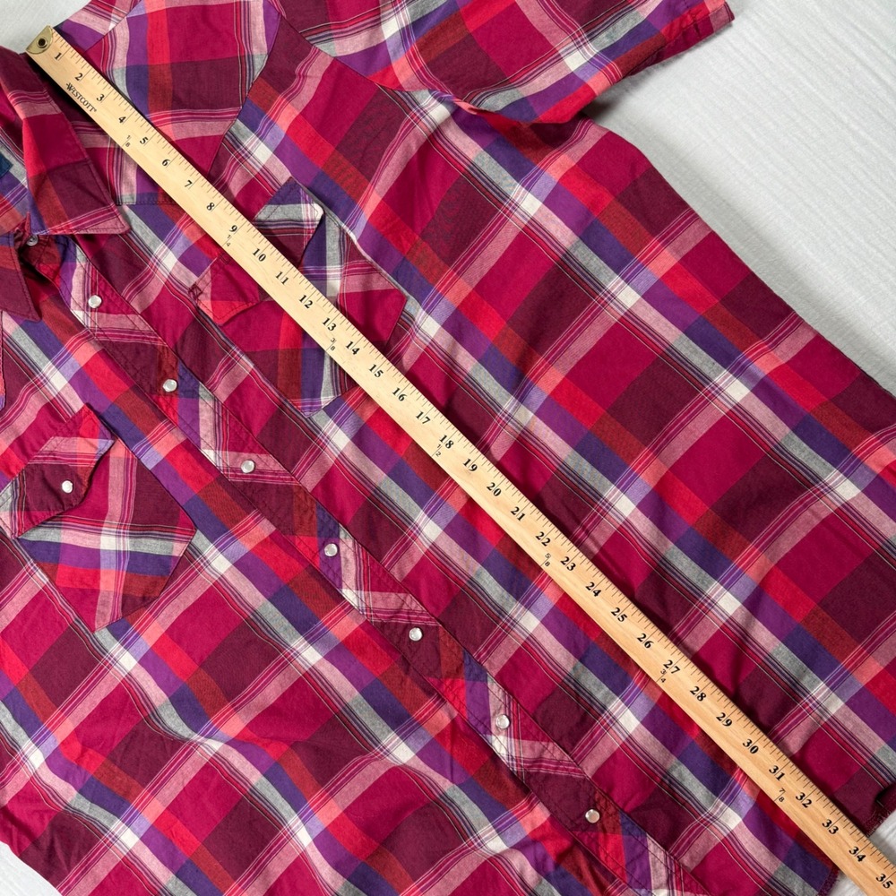Wrangler Pearl Snap Shirt Mens 3XT Red Purple Plaid Short Sleeve Tall Western - Picture 4 of 5